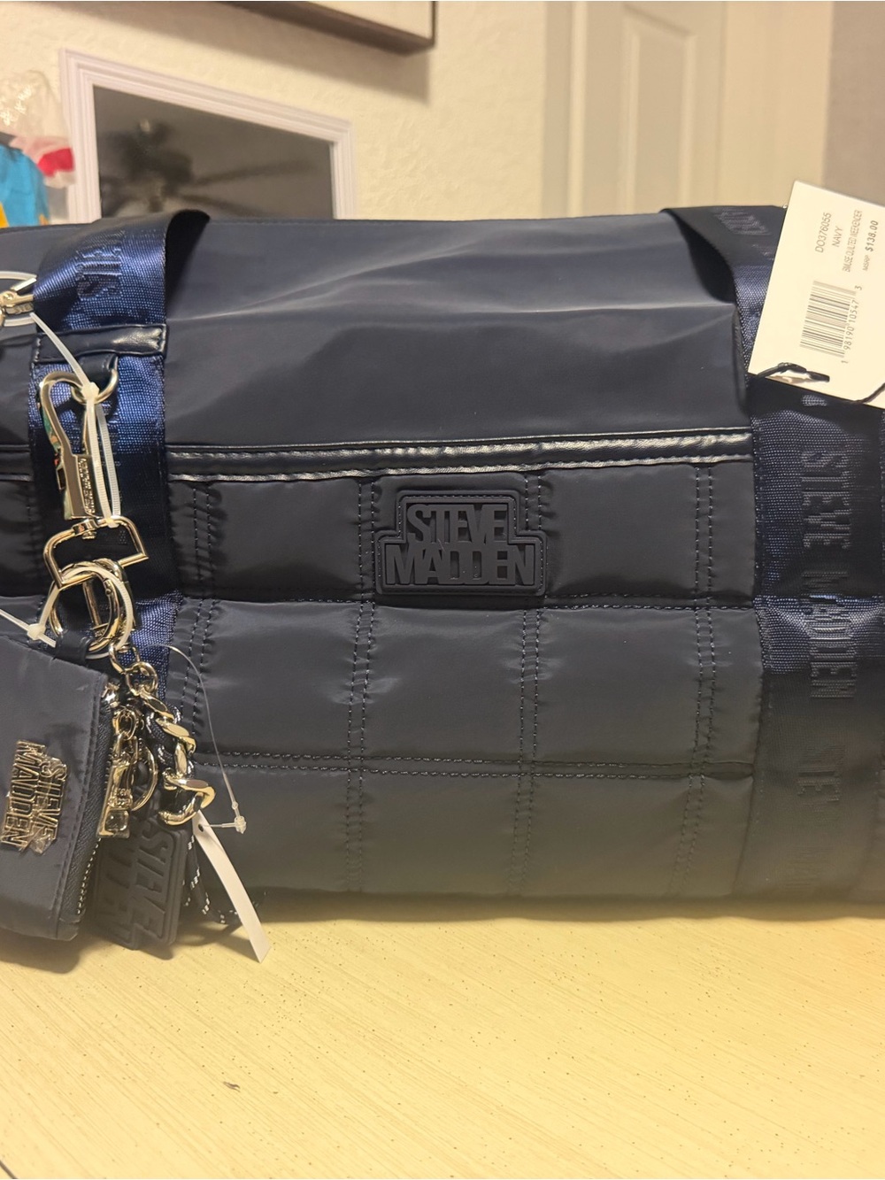 Steve Madden Quilted Navy Travel Duffel with Gold Hardware